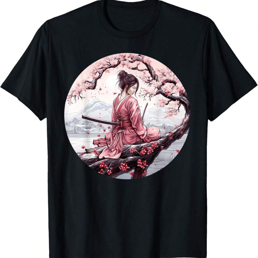 Samurai Girl Vintage Retro Sakura Cherry Blossom T-Shirt(349) - Negro - Ver 1