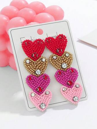 Un par de pendientes de perlas de arroz con forma de corazón hechos a mano con degradado multicapa - Joyería de moda romántica y exquisita para mujeres, con forma de corazón alargada que favorece el rostro, para el Día de San Valentín, citas, reuniones con amigas y uso diario