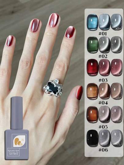 12 ml Vernis à ongles gel effet miroir pierre précieuse œil de chat, 6 couleurs magnétiques rouge vert bleu marron noir gel, finition métallique de luxe 3D œil de chat magnétique, gel à tremper UV/LED durable brillant pour la fête et la manucure quotidienne
