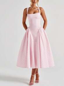Women Sleeveless Corset Dress Summer Plaid Print Backless A-Line Party Dress For Vacation Cocktail Beach Streetwear - 粉色 - 查看 3