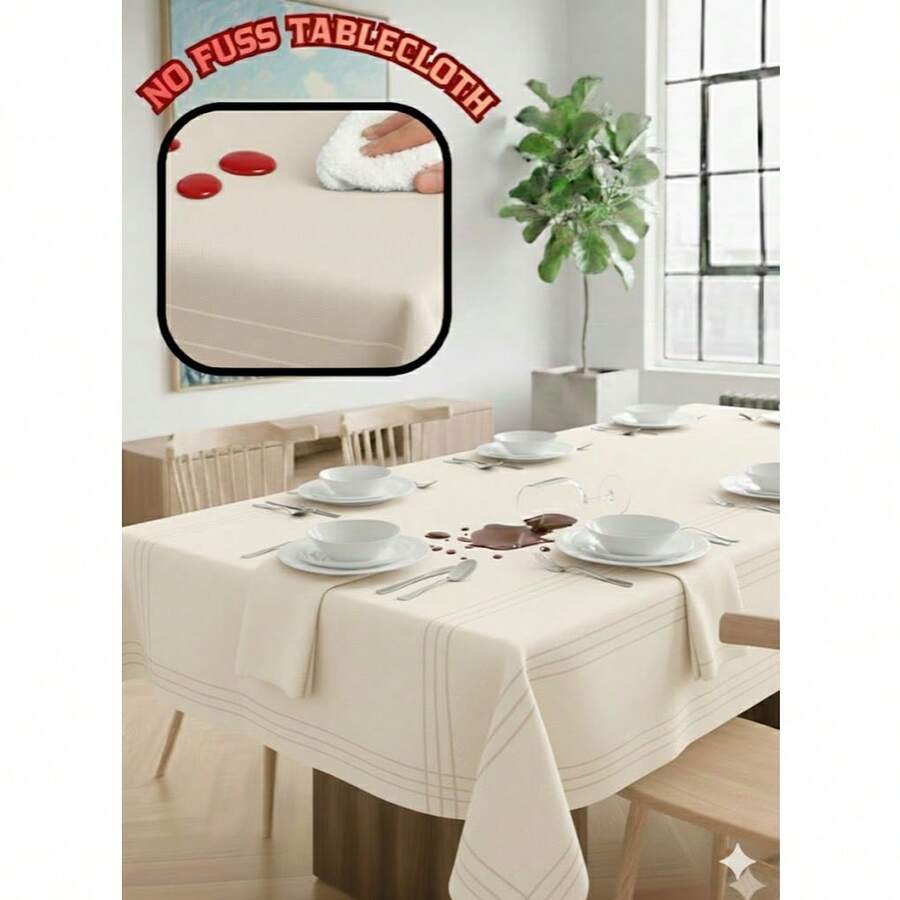 MADE IN TURKEY Striped Carefree Stain Resistant Linen Look Tablecloth– 160 X220 Cm – Easy Care & Elegant Dining Decor - Creamy White - View 1