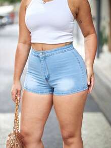 Sexy High-Waist Stretch Denim Shorts – Casual Chic Slim Fit Hotpants Pocket Casual And Simple Daily Wear, Stretch Cotton Fabric, Soft And Comfortable,Suggest Taking A Bigger Size. - 淺色水洗藍 - 查看 8