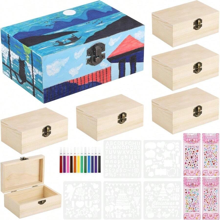 6Pcs Small Wooden Boxes For Crafts Unfinished Wood Box With Lids Mini Treasure Chest Small Craft Box Jewelry DIY Mini Craft Boxes To Paint For Adults Classroom Party Handmade 6X 3.8 X 2.5in - Medium - View 1