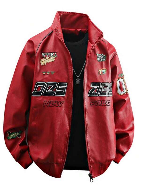 Men's Red Lightweight Leather Jacket - Stand Collar Zip-Up Graphic Print Patch Spring Autumn CasualCoat