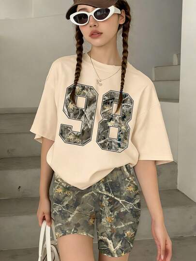 1pc Girls Vintage Camouflage Set, Numeric Pattern 2 Pieces, Casual Outdoor Wear, Spring/Summer