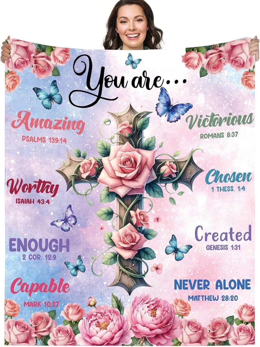 Christian Inspirational Gifts Blanket For Women: Bible Verse Throw Blanket With Cross Rose Butterfly, Mother Gifts, Religious Prayer Comfort Blanket Birthday Gifts For Mom Grandmother Pastor Wife Appreciation Valentine's Day, Bedroom Decor, As Valentine's Gifts Birthday Gifts, Family, Wedding, Souvenir Blankets, Polyester Blankets Suitable For All Seasons, Washable, Machine Washable, Lightweight, Breathable, Comfortable, Warm, Unique, 280gsm For Him, Her Personalized Ideal Gifts For Her, Him, Family, Boyfriend, Girlfriend, Father, Family, Mother, Lover, Daughter, Son, Grandfather, Grandmother, Friend, Classmate, Pet. Perfect Nap, Camping, Travel, Home, Daily Life, Office Decoration, Birthday, Anniversary, Valentine's Day, Thanksgiving, Christmas, Halloween, Mother's Day, Father's Day, Wedding, New Year Gifts ,Sofa,Bed,Car,Bedroom,Living Room,Office, Outdoor Camping, Beach,Wall Decoration - Mixed Colors - View 1