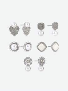 Opalesca 5 对优雅法式复古奢华仿珍珠、裂釉、风车、花卉、火焰装饰耳环套装 - 銀色 - 查看 4