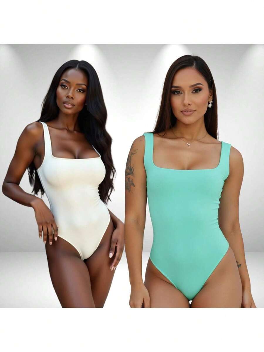 SET OF 2 Women's Square Neck Tank Top Bodysuits With Thin Straps In Spandex - WHITE aND AQUA GREEN - View 1