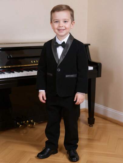 BOARNSEORL 男童天鹅绒绅士套装，黑色西装外套配蝴蝶结和长裤，时尚有型，适合生日、圣诞派对、新年夜、满月、周岁生日、婚礼、正式场合等场合。