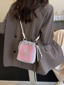 可爱刺绣帆布水桶单肩斜挎包，防水尼龙时尚手提包，腰果花刺绣，可拆卸肩带 - 彩色 - 查看 7