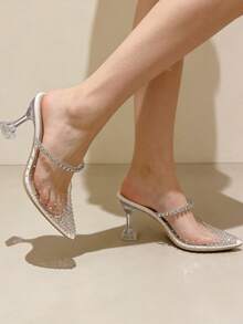 Moda de verano con taladros puntiagudos abrochados cuadrados tacones altos estilo hada transparente con zapatillas de talón fino, Zapatos de tacón de mujer - Blanco - Ver 5