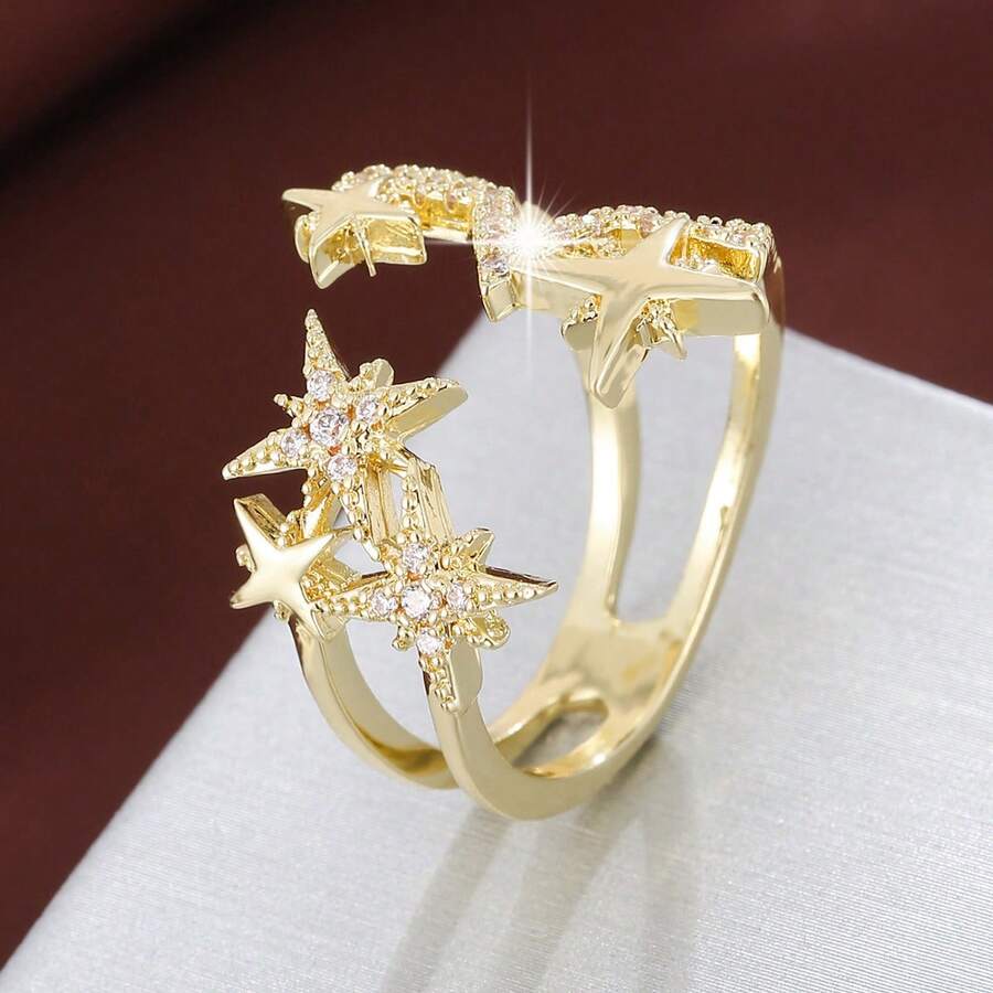 1枚星形设计立方氧化锆镶嵌可调节开口戒指，女士款 - 彩色 - 查看 1
