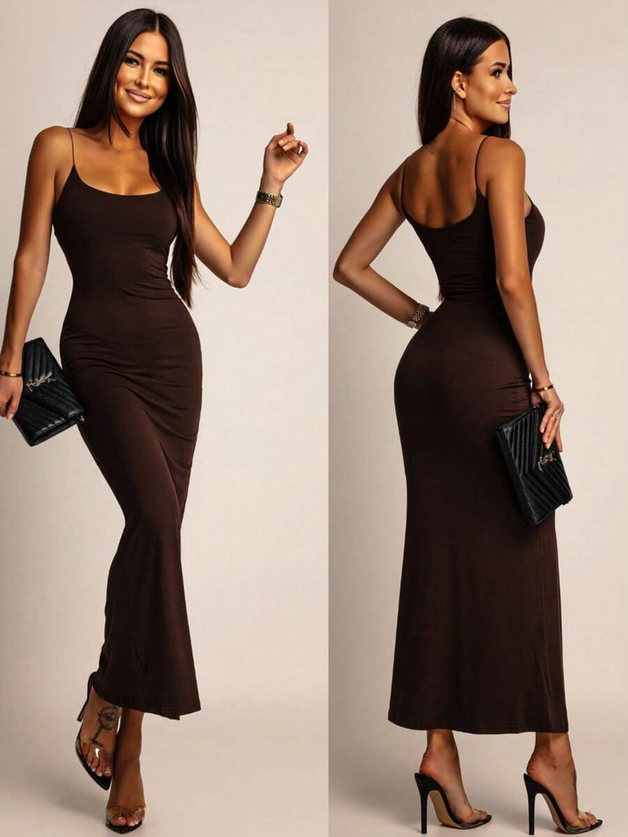 Rochie elegantă Vuslat pentru femei, fără mâneci, cu decolteu în U, mulată, sexy, cu bretele spaghete, lungă, maro, potrivită pentru ieșiri, fotografii stradale, festivaluri, petreceri, vacanțe, întâlniri casual - Maro inchis - Vizualizare 1