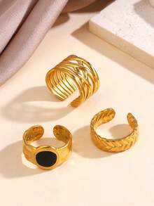 3pcs/Set Stainless Steel Black Drip Oil Geometric Line Open Ring, Suitable For Women Everyday Wear - Multicolor - View 1