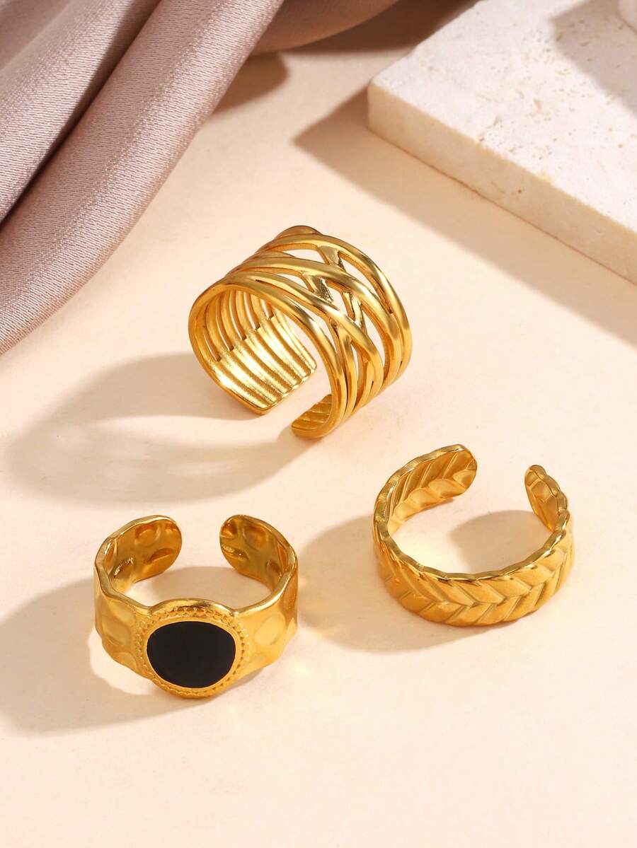 3pcs/Set Stainless Steel Black Drip Oil Geometric Line Open Ring, Suitable For Women Everyday Wear - Multicolor - View 1