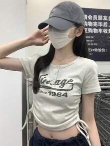 夏季韩版修身字母印花抽绳纽扣设计短袖T恤休闲款 - 灰色 - 查看 4