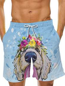 A Pair Of Fresh, Hand-Painted Woven Fabric Splatter Texture Men's Everyday Wear Light Blue Floral And Cute Dog Pattern Beach Shorts Perfect For Summer. - Nhiều màu - Xem 6