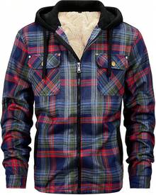 Men's Winter Fleece Warm Thick Plaid Jackets Heavyweight Cotton Hoodies Flannel Hooded Shirt JacketChristmas VTWT - A26海軍紅 - 查看 12