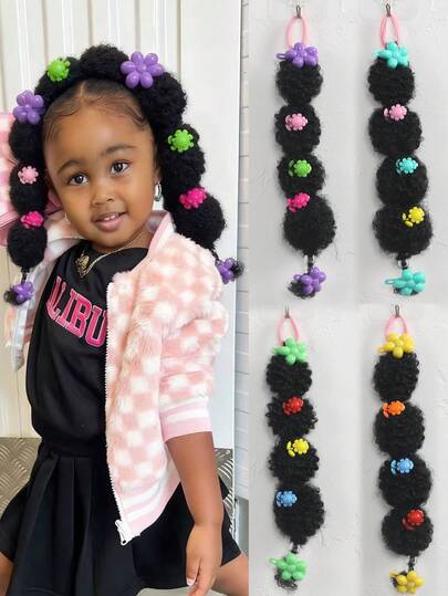 1pc Ponytail Hair Extension With Flower Clip, Cute & Compact African Children's Braided Puff Ponytail, Suitable For Girls, Children's Accessories (Accessory Color Random)