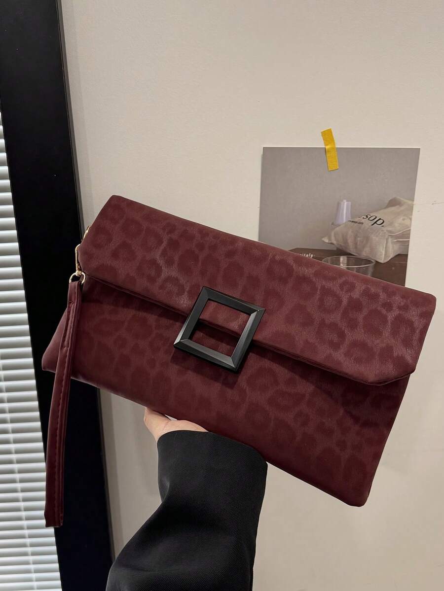 女士手拿包，时尚豹纹小方包 - 酒紅色 - 查看 1