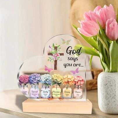 Modern Heart-Shaped Acrylic Desktop Decor With Wooden Base - Christian Gift, Inspired By Bible Verse "God Says You Are...", Floral & Butterfly Accents, Ideal For Birthday, Mother's Day, Wife, Friend Gifts, 2D Flat Design