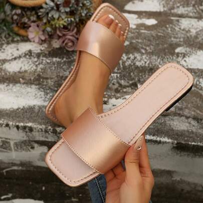 1 Pair Women Square Toe Slip-On Sandals, Casual Flat Strap Slides