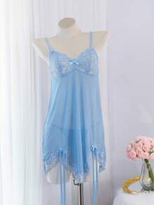 2 piezas Camisón sexy de lencería con parches de encaje transparente y lazo, color azul claro - Celeste - Ver 6