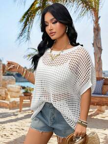 Plus Size Women White Crochet Knit Sweater