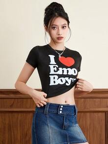 Women Valentine's Day T-Shirt, Crew Neck Short Sleeve Letters Heart Print Summer Tops For Casual Daily - Black - View 5