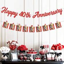DHappy 40th Anniversary Banner Red 40th Ruby Anniversary Photo Banner Glitter Paper Garlands 40 Wedding Party Decoration For Cheers To 40 Years We Still Do 40 Years Party Plies - 紅色 - 查看 2