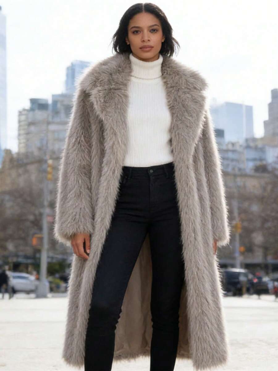 Women's Solid Color Long Toca Faux Fur Suit Collar Coat Long Sleeve Long Fluffy Collar Cardigan Jacket For Winter - 卡其色 - 查看 1