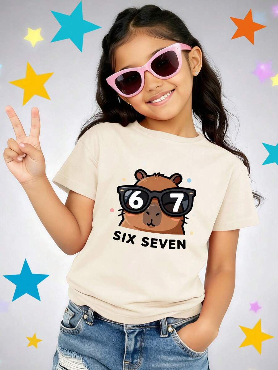Young Girl 67 Letter & Number Print Short Sleeve T-Shirt - Beige - View 1