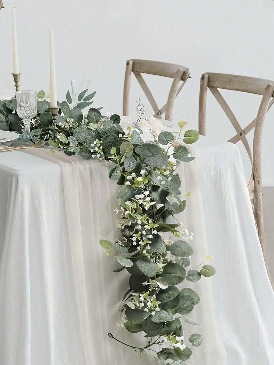 1pc 70.86 Inch Artificial Eucalyptus Wreath With White Flowers, Silver Dollar Eucalyptus Leaves And Gypsophila Floral Vines, Artificial Green Leaf Vines, Suitable For Couple Dates, Home Decor, Porch, All Season Celebrations, Wedding Backdrops, Party Walls, Fireplace Mantels, Decorative Hanging Greenery
