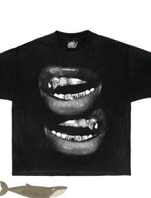 Grin Fang Mouth Graphic Boxy T-Shirt, Oversized, Graphic, T-Shirt, Streetwear, Y2k, Funny, Christmas - 黑色 - 查看 1