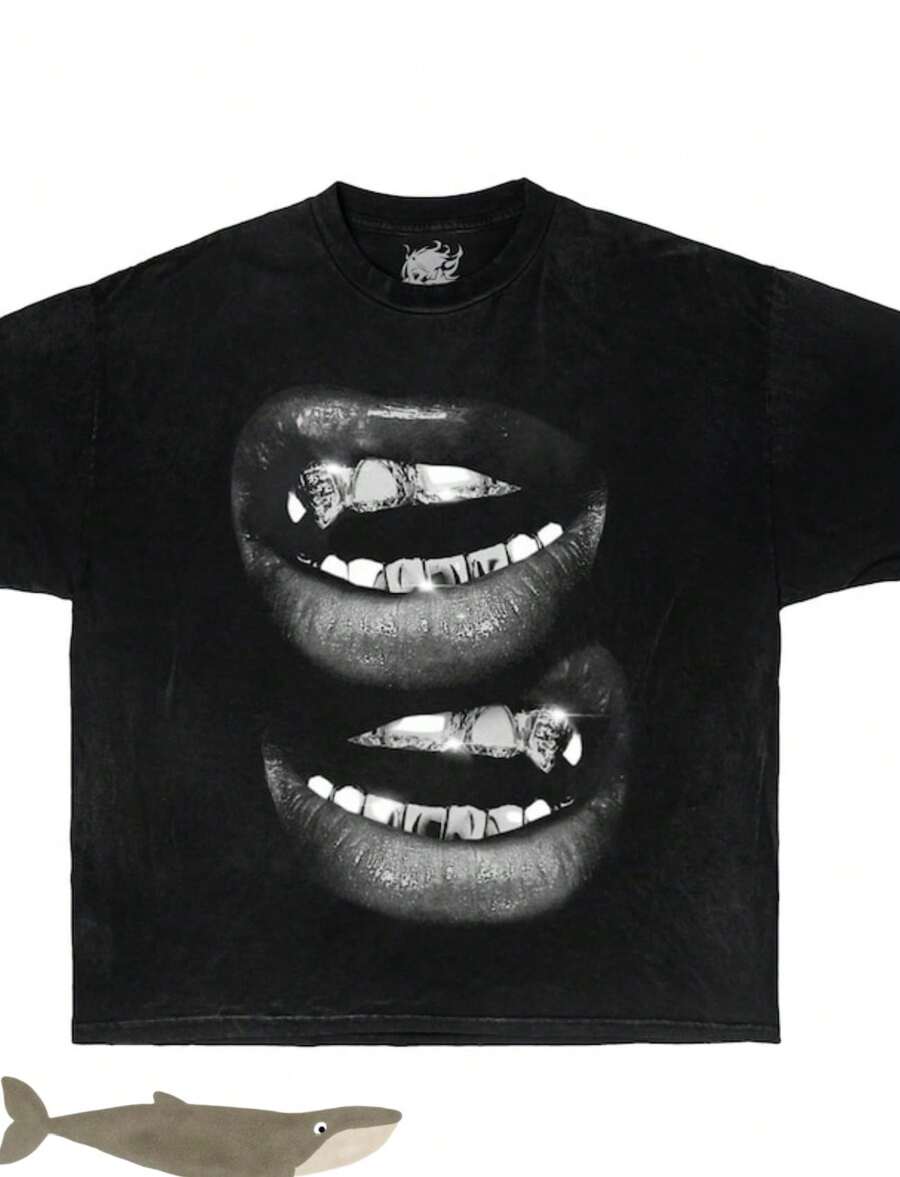 Grin Fang Mouth Graphic Boxy T-Shirt, Oversized, Graphic, T-Shirt, Streetwear, Y2k, Funny, Christmas - 黑色 - 查看 1