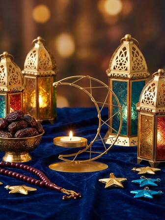 1 st/1 set islamisk metallljusstake/ljushållare, arabisk kalligrafi ljusstakehållare passar för rumsdekoration, rumsdekoration, festdekoration, Ramadan-dekoration, vardagsrumsdekoration. Kan fungera som en julklapp, en present till skolan, en souvenir eller ett vardagsrumstillbehör, presenter till bästa vän lyxig guldpläterad heminredning. Den kan också användas som en Ramadan-present eller julklapp.