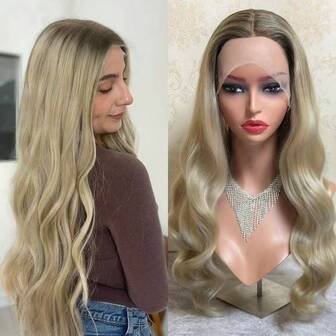 Soft Long Body Wave Wig Ombre Blonde Brown Synthetic HD Lace Front Wig High Quality Wig For Women Daily Party Cosplay Used