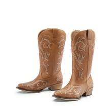 Botas de Vaquero para Mujer de Media Pantorrilla con Punta Cuadrada, Cowboy Boots para Dama con Tacón Grueso - Marrón Mocha - Ver 8