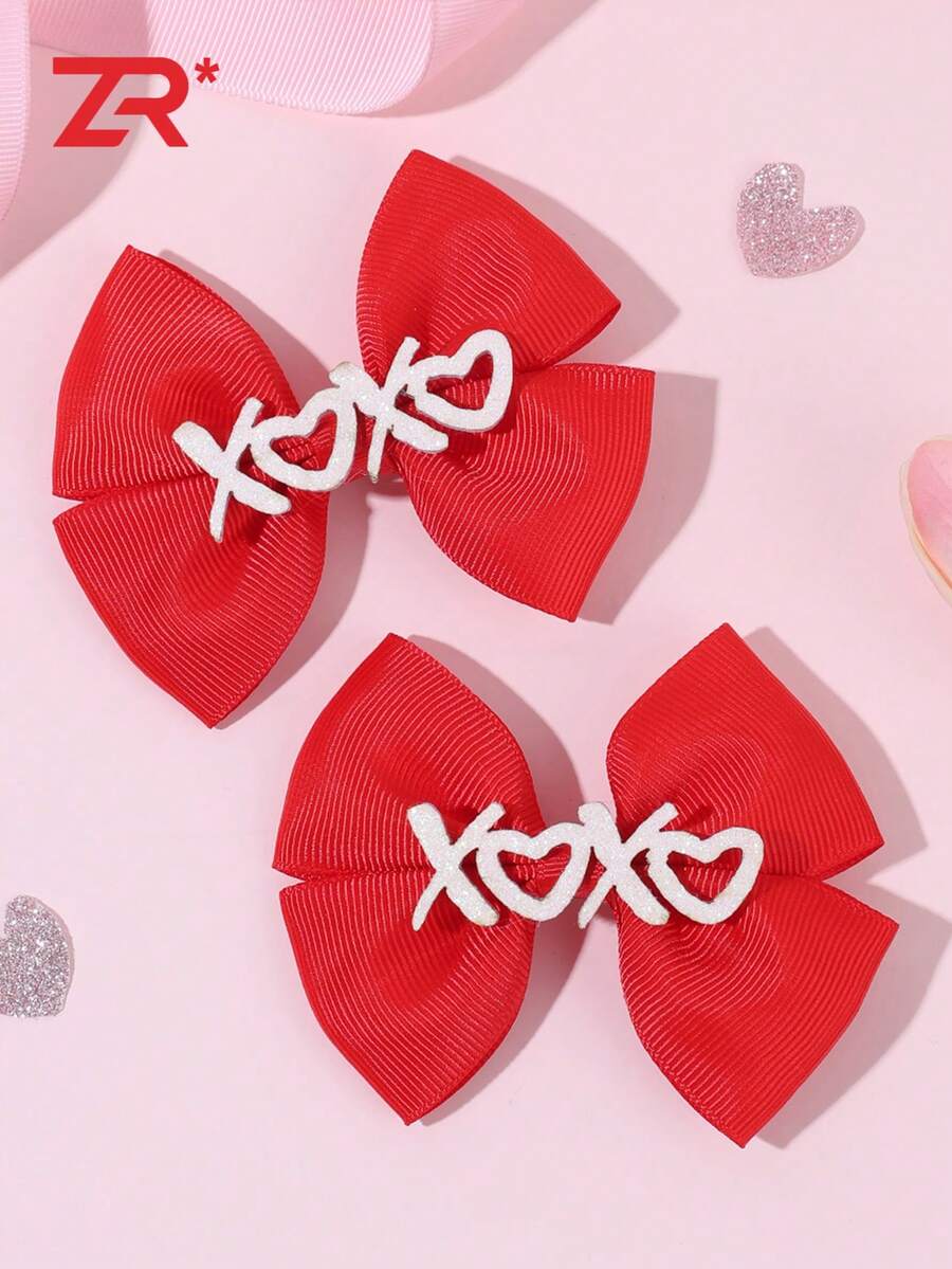 2 pièces Épingles à cheveux avec nœud papillon en tissu rouge, décorations de lettres XOXO scintillantes pour la Saint-Valentin. Accessoires de cheveux mignons et doux pour filles et femmes, pinces à cheveux, barrettes, accessoires pour la tête, idéal pour la Saint-Valentin - Multicolore - Voir 1