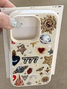 1pc White Pearl Embroidered Star & Number 7 Pattern Full Coverage TPU Shockproof Phone Case, Compatible With IPhone 16, 15, 14, 13, 12, 11 Pro Max, Series - Multicolor - View 3