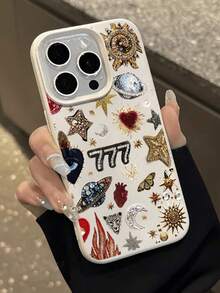 1pc White Pearl Embroidered Star & Number 7 Pattern Full Coverage TPU Shockproof Phone Case, Compatible With IPhone 16, 15, 14, 13, 12, 11 Pro Max, Series - Multicolor - View 2