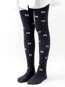 1 件女孩/儿童黑色纯色卡通蝴蝶结印花热转印打底裤袜芭蕾舞紧身裤适合日常、学校、可爱风格、所有季节 - 黑色 - 查看 7