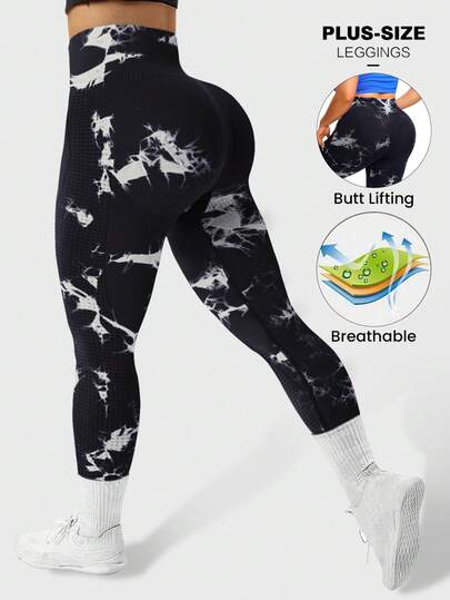 Plus Size Women High Waist Seamless Yoga Pants, Peach Hip Lifting, Outdoor Daily Versatile Sports Leggings, Fitness Gym Casual Vacation Wear, Plus Size Tie-Dye Trousers