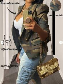 Women's New Fashion Camouflage Print Cardigan Slim Fit Jacket, Double-Breasted Long Sleeve Suit Collar, Women's Clothing,Fall Clothes For Women - xanh quân đội - Xem 1