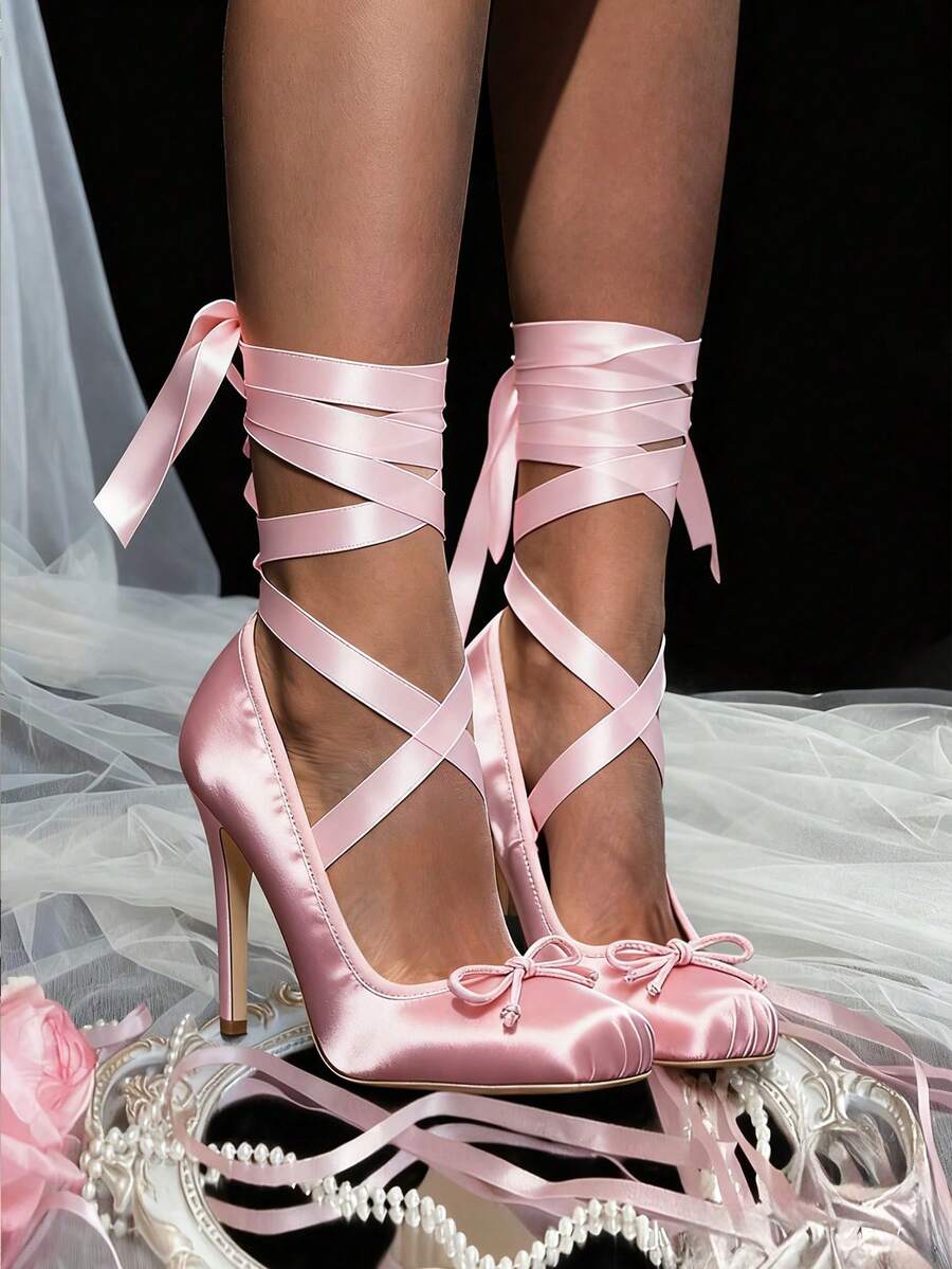 Ballet Heels Satin Stiletto Heels For Women Close Square Toe Bow Lace Up Ribbon Strappy Mary Jane Slingback Ballerina Pumps Lolita Party Wedding Prom Dress Shoes Cute Aesthetic Heels - 淺粉色 - 查看 1