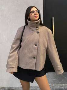 Áo khoác cổ cao cho nữ, áo khoác vải tweed, áo khoác ngắn tay dài, áo khoác mùa đông ngắn cho nữ, áo khoác ngoài phong cách đường phố cho nữ. - Bụi hồng - Xem 3
