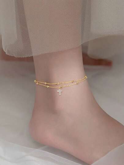 Nooxian 2pcs/Set Summer Beach Vacation Gold Sparkling Cross Pendant Layered Beaded Anklet Set For Women (Bead Quantity Random)