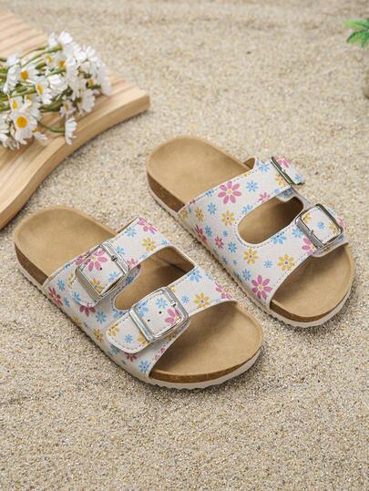 1 Pair Of Kids' Colorful Floral & Double Buckle Decorated Slippers | Made Of Faux Suede & Cork, Non-Slip & Wear-Resistant | Open-Toed Low-Top With Metal Buckle Strap | Flat Heel | Fresh Pastoral Style | -Style Slippers | Suitable For Summer Daily Outings / Beach Trips