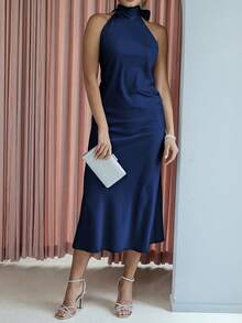 女士优雅纯色缎面露背吊带连衣裙，适合宴会、派对、婚礼、伴娘等场合