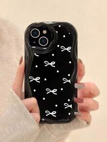 蝴蝶结彩绘平纹印花黑色米色图案彩绘软壳，适用于 17/17PROMAX/ 16/ 16 Pro/ 16 Pro Max/ 15/XR/7P/8P/P12 Pro Max/P13 Pro Max/P14 PRO Max/P13/P14/P11/P12/P14女款柔软防摔手机壳，尺码XS/S/XS MAX/78GES2，可爱时尚加厚手机壳保护套 - 彩色 - 查看 4